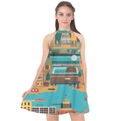 City Painting Town Urban Artwork Halter Neckline Chiffon Dress 