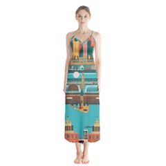 City Painting Town Urban Artwork Button Up Chiffon Maxi Dress