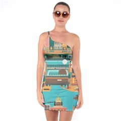 City Painting Town Urban Artwork One Shoulder Ring Trim Bodycon Dress