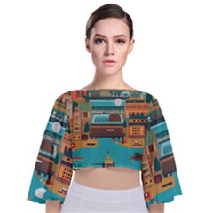 City Painting Town Urban Artwork Tie Back Butterfly Sleeve Chiffon Top by Maspions