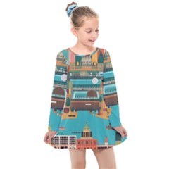 City Painting Town Urban Artwork Kids  Long Sleeve Dress by Maspions