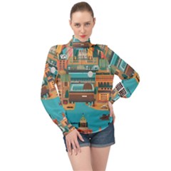 City Painting Town Urban Artwork High Neck Long Sleeve Chiffon Top