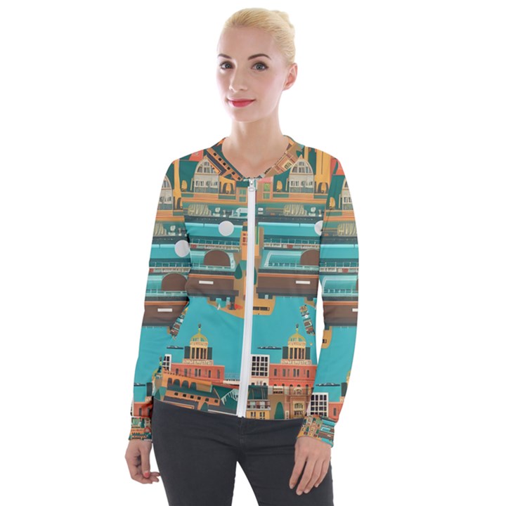 City Painting Town Urban Artwork Velvet Zip Up Jacket