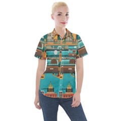 City Painting Town Urban Artwork Women s Short Sleeve Pocket Shirt