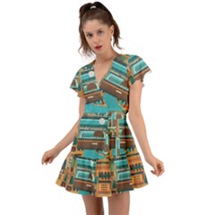 City Painting Town Urban Artwork Flutter Sleeve Wrap Dress