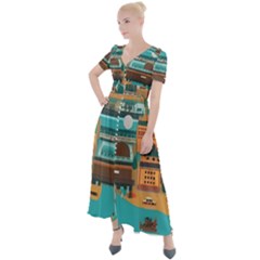 City Painting Town Urban Artwork Button Up Short Sleeve Maxi Dress