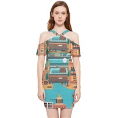 City Painting Town Urban Artwork Shoulder Frill Bodycon Summer Dress