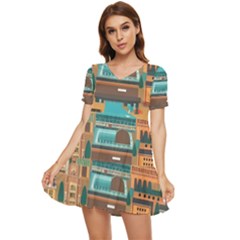 City Painting Town Urban Artwork Tiered Short Sleeve Babydoll Dress