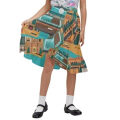 City Painting Town Urban Artwork Kids  Ruffle Flared Wrap Midi Skirt