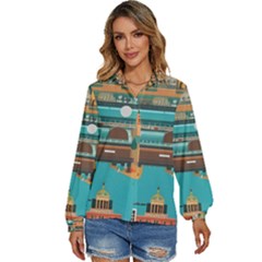 City Painting Town Urban Artwork Women s Long Sleeve Button Up Shirt