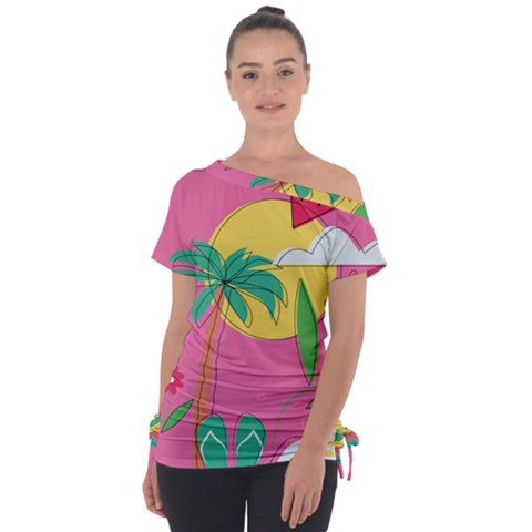 Ocean Watermelon Vibes Summer Surfing Sea Fruits Organic Fresh Beach Nature Off Shoulder Tie-up T-shirt by Maspions