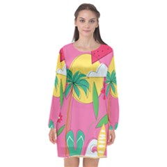 Ocean Watermelon Vibes Summer Surfing Sea Fruits Organic Fresh Beach Nature Long Sleeve Chiffon Shift Dress 