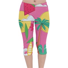 Ocean Watermelon Vibes Summer Surfing Sea Fruits Organic Fresh Beach Nature Velvet Capri Leggings  by Maspions