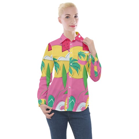 Ocean Watermelon Vibes Summer Surfing Sea Fruits Organic Fresh Beach Nature Women s Long Sleeve Pocket Shirt by Maspions