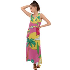 Ocean Watermelon Vibes Summer Surfing Sea Fruits Organic Fresh Beach Nature V-neck Chiffon Maxi Dress by Maspions