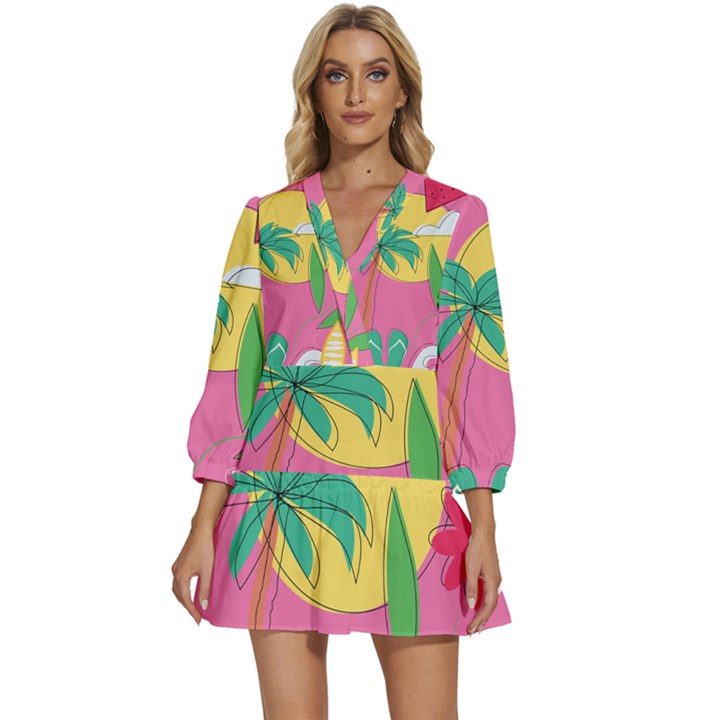 Ocean Watermelon Vibes Summer Surfing Sea Fruits Organic Fresh Beach Nature V-Neck Placket Mini Dress