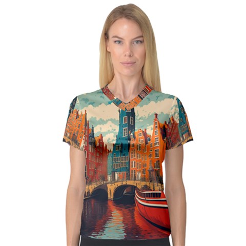 London England Bridge Europe Buildings Architecture Vintage Retro Town City V-neck Sport Mesh T-shirt by Maspions