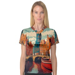 London England Bridge Europe Buildings Architecture Vintage Retro Town City V-neck Sport Mesh T-shirt