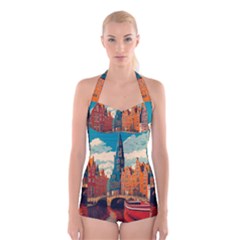 London England Bridge Europe Buildings Architecture Vintage Retro Town City Boyleg Halter Swimsuit 