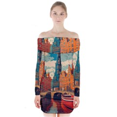 London England Bridge Europe Buildings Architecture Vintage Retro Town City Long Sleeve Off Shoulder Dress