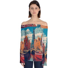 London England Bridge Europe Buildings Architecture Vintage Retro Town City Off Shoulder Long Sleeve Top