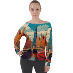 London England Bridge Europe Buildings Architecture Vintage Retro Town City Off Shoulder Long Sleeve Velour Top