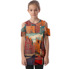 London England Bridge Europe Buildings Architecture Vintage Retro Town City Fold Over Open Sleeve Top