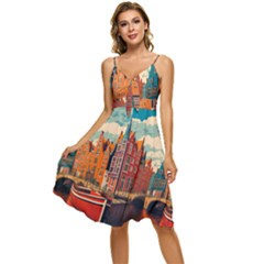 London England Bridge Europe Buildings Architecture Vintage Retro Town City Sleeveless Tie Front Chiffon Dress by Maspions