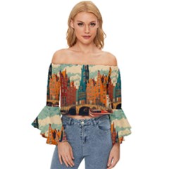 London England Bridge Europe Buildings Architecture Vintage Retro Town City Off Shoulder Flutter Bell Sleeve Top