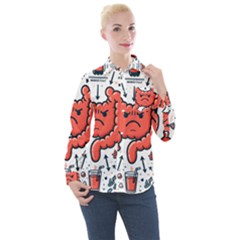 Health Gut Health Intestines Colon Body Liver Human Lung Junk Food Pizza Women s Long Sleeve Pocket Shirt