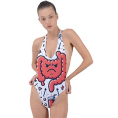 Health Gut Health Intestines Colon Body Liver Human Lung Junk Food Pizza Backless Halter One Piece Swimsuit by Maspions