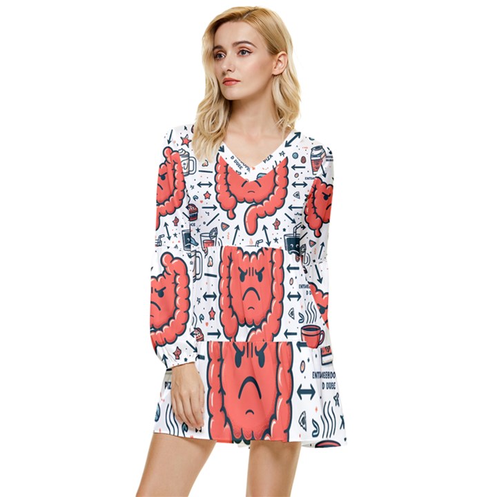 Health Gut Health Intestines Colon Body Liver Human Lung Junk Food Pizza Tiered Long Sleeve Mini Dress