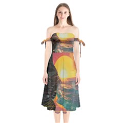 Pretty Art Nice Shoulder Tie Bardot Midi Dress