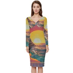 Pretty Art Nice Long Sleeve V-neck Bodycon Dress 