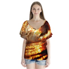 Wave Art Mood Water Sea Beach V-neck Flutter Sleeve Top