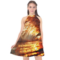 Wave Art Mood Water Sea Beach Halter Neckline Chiffon Dress 