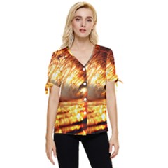 Wave Art Mood Water Sea Beach Bow Sleeve Button Up Top