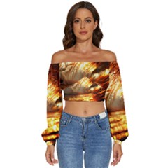 Wave Art Mood Water Sea Beach Long Sleeve Crinkled Weave Crop Top by Maspions