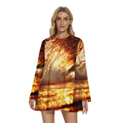 Wave Art Mood Water Sea Beach Round Neck Long Sleeve Bohemian Style Chiffon Mini Dress