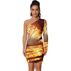 Wave Art Mood Water Sea Beach Long Sleeve One Shoulder Mini Dress by Maspions