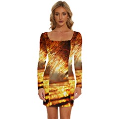 Wave Art Mood Water Sea Beach Long Sleeve Square Neck Bodycon Velvet Dress by Maspions