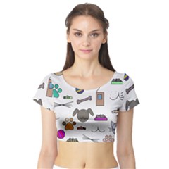 Cat Dog Pet Doodle Cartoon Sketch Cute Kitten Kitty Animal Drawing Pattern Short Sleeve Crop Top by Bedest