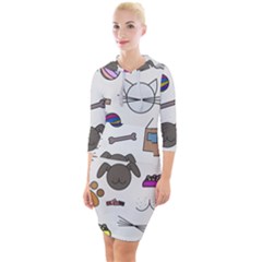 Cat Dog Pet Doodle Cartoon Sketch Cute Kitten Kitty Animal Drawing Pattern Quarter Sleeve Hood Bodycon Dress by Bedest