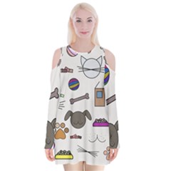 Cat Dog Pet Doodle Cartoon Sketch Cute Kitten Kitty Animal Drawing Pattern Velvet Long Sleeve Shoulder Cutout Dress by Bedest