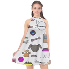 Cat Dog Pet Doodle Cartoon Sketch Cute Kitten Kitty Animal Drawing Pattern Halter Neckline Chiffon Dress  by Bedest