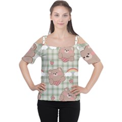 Bear Cartoon Pattern Strawberry Rainbow Nature Animal Cute Design Cutout Shoulder T-shirt