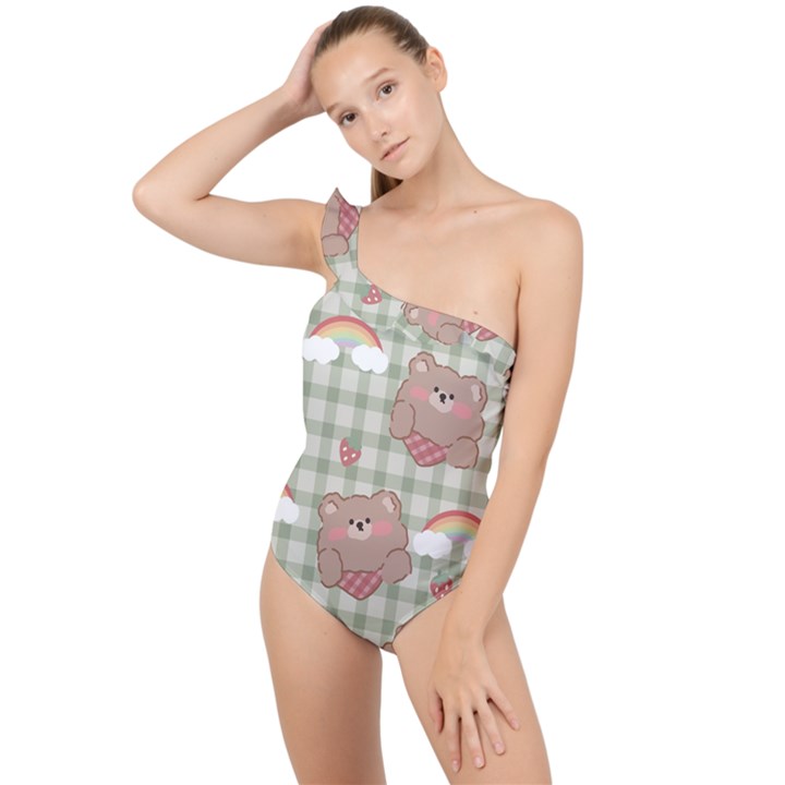 Bear Cartoon Pattern Strawberry Rainbow Nature Animal Cute Design Frilly One Shoulder Swimsuit