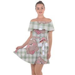 Bear Cartoon Pattern Strawberry Rainbow Nature Animal Cute Design Off Shoulder Velour Dress by Bedest