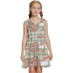 Bear Cartoon Pattern Strawberry Rainbow Nature Animal Cute Design Kids  Sleeveless Tiered Mini Dress by Bedest