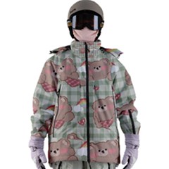 Bear Cartoon Pattern Strawberry Rainbow Nature Animal Cute Design Women s Zip Ski And Snowboard Waterproof Breathable Jacket by Bedest